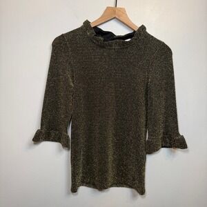 Numph Anthropologie Gold Metallic Shimmer Mock Neck Ruffle Sleeve Top Small NEW